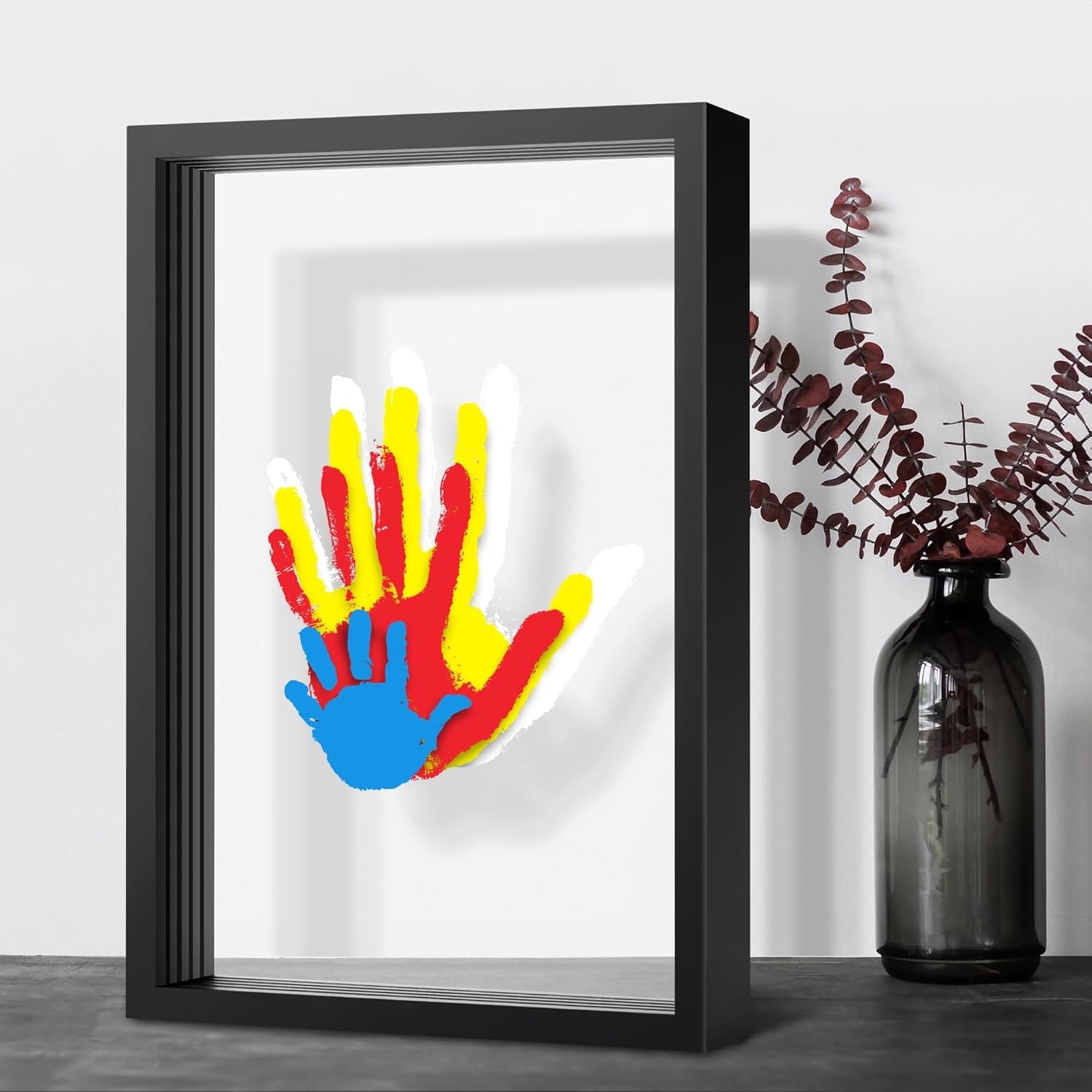 DIY Family Handprint Frame,Happon DIY Craft Keepsake Wooden Frame,Personalized Baby Hand and Footprint Gifts for New Parents Family,Family Handprint Kit with 6 Acrylic Paint Colors and Clear Sheets