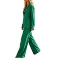 thumbnail image 6 of Cagogo Women's 2 Piece Long Sleeve V Neck Top Wide Leg Pants Set Solid Boho Vacation Outfits Loose Casual Lounge Tracksuits Travel Airport Clothes, Army Green S, 6 of 7