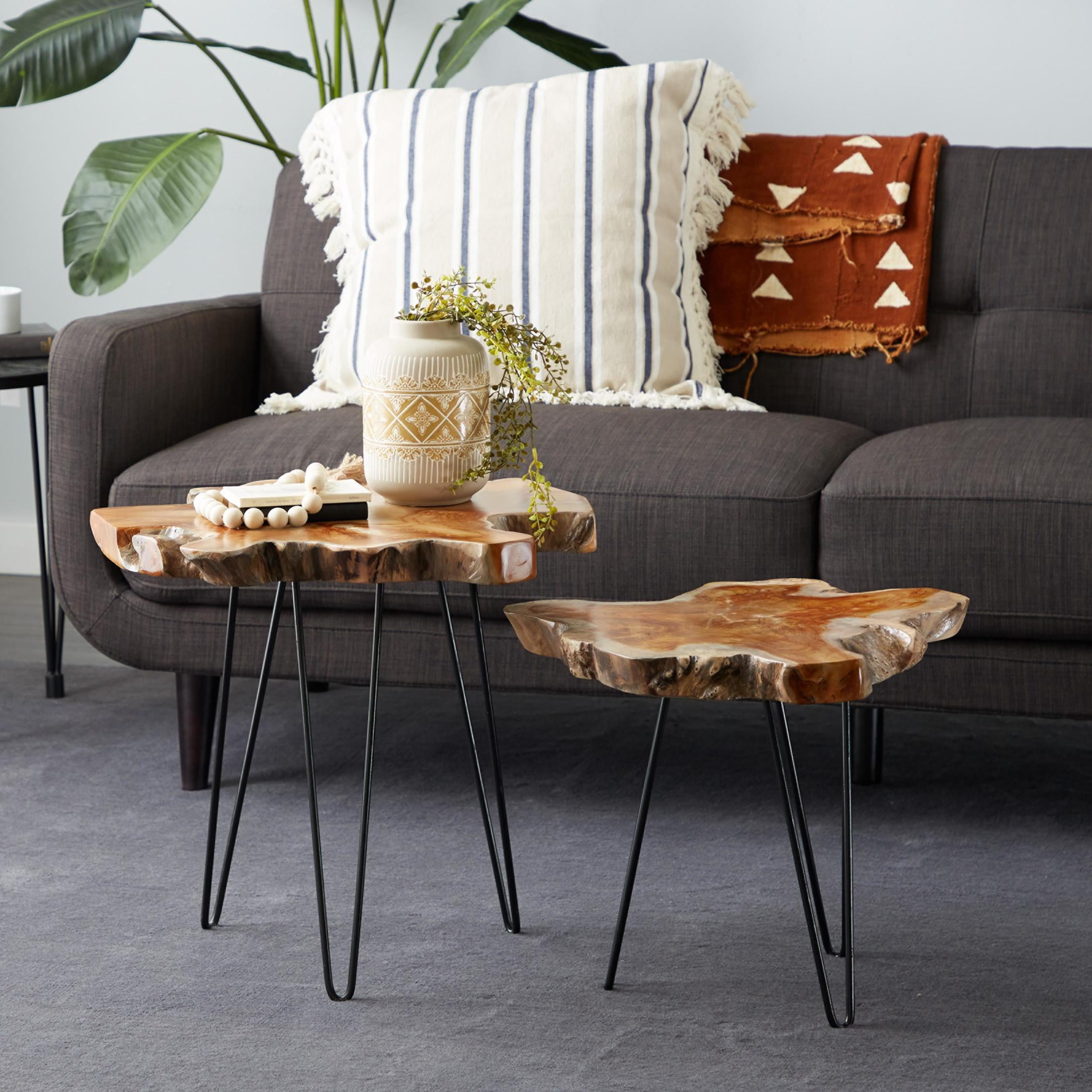 DecMode 20" x 21" Brown Teak Wood Live Edge Top Accent Table with Black Metal Hairpin Legs, 2-Pieces