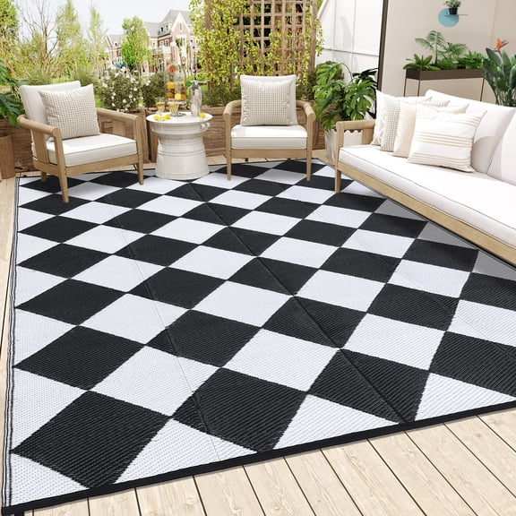 Geometric Outdoor Rugs 9x12 Reversible Mats Outdoor Rugs for Patio Clearance, Plastic Straw Rug Waterproof Outdoor Area Rug for RV, Backyard, Deck, Picnic, Beach, Trailer Camping Black/White