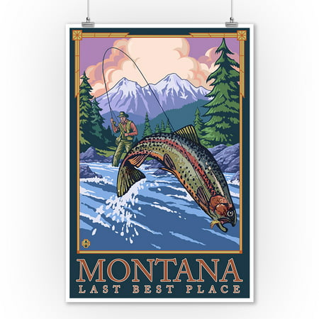 Montana, Last Best Place - Angler Fly Fishing Scene (Leaping Trout) - Lantern Press Original Poster (9x12 Art Print, Wall Decor Travel Poster)