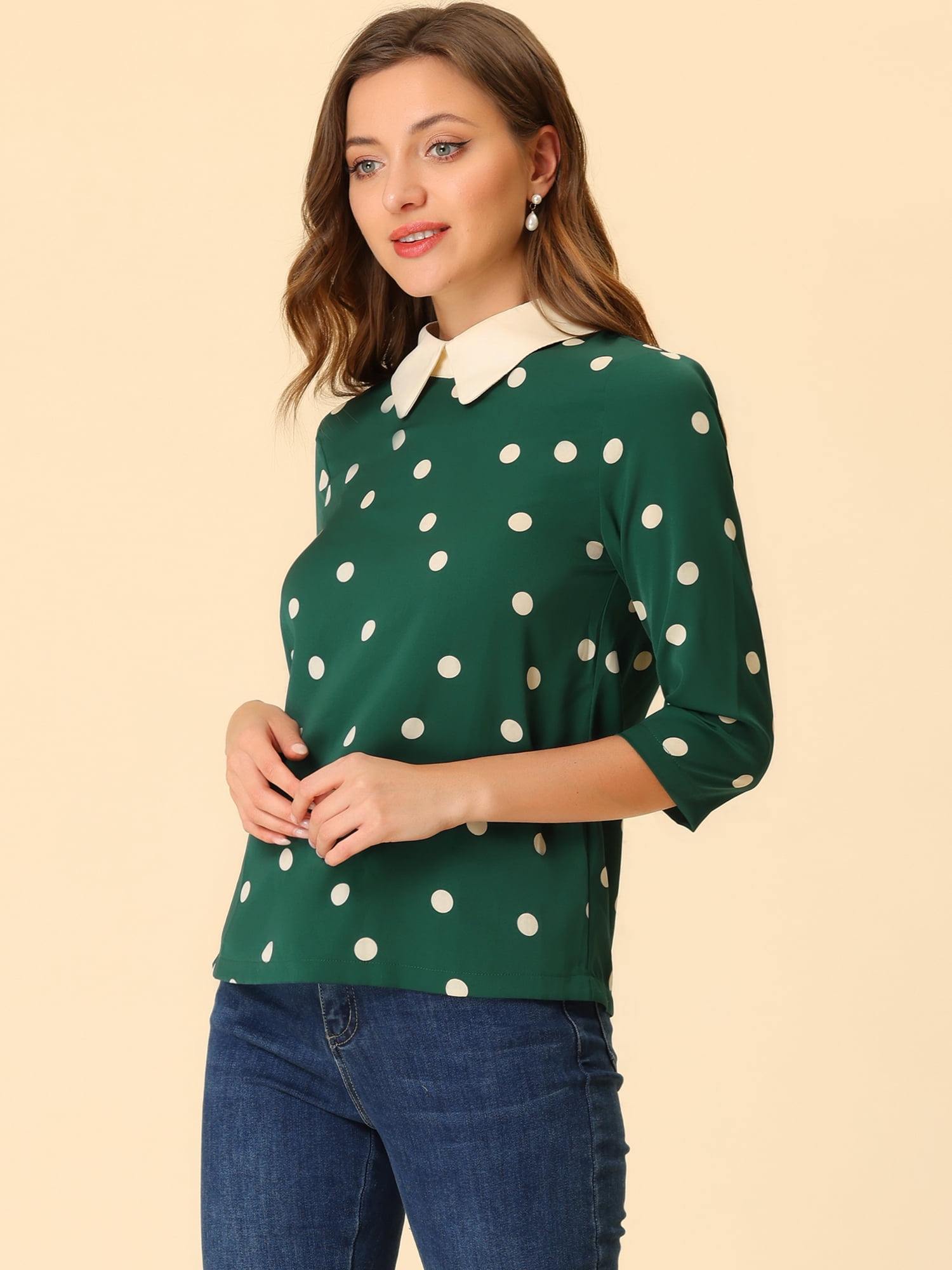 DARING DIVA Blouses 3/4 Sleeves Solid Office Work Tops M Dark Green