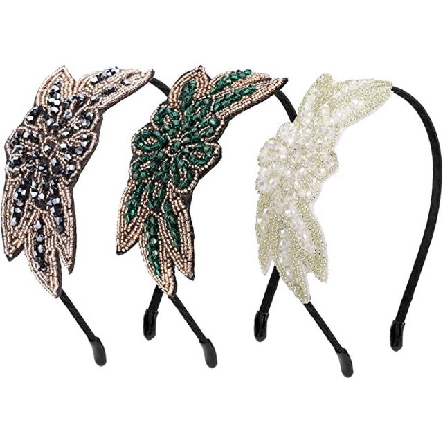 3 diademas retro con diamantes de imitación para fiesta con cuentas de rugido para mujeres de los años 20, 3 accesorios para el cabello en negro, blanco y verde de los años 20, bandas para el cabello