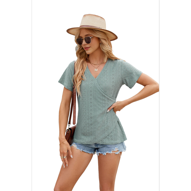 Camisetas con Cuello en V y Bordado de Ojales para Mujer, Blusas Casuales y Bonitas de Verano, Ropa de Playa A para Vacaciones Verde Oscuro L