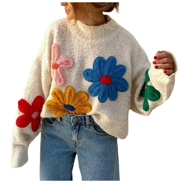 Nouveau Chandail à Col Rond pour Femmes Automne et Hiver Chandail à Fleurs Chandail pour Femmes Blanc m