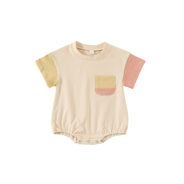 xiaxaixu Barboteuse Bébé Garçon Fille Couleur Contrastée Manches Courtes Col Rond Poches Combinaisons Été Décontractées Justaucorps