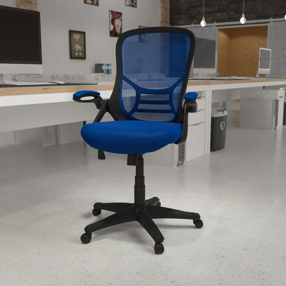 Emma Oliver High Back Blue Mesh Ergonomic Office Chair with Black Frame and Flip-up Arms