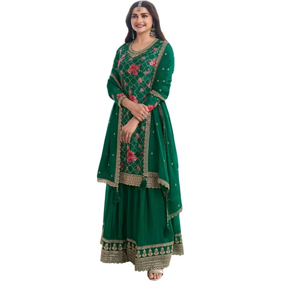Reception Wear Indian Designer Salwar Kameez Dress Pakistani Sharara Plazo Suits ( Green, M - 40 )