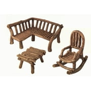 Miniature Fairy Garden Furniture 3-Piece: Rustic Wood Bench, Rocking Chair and Miniature Table for the Garden Fairies