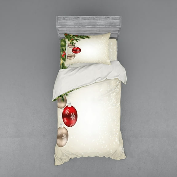 Christmas Duvet Cover Set, Abstract Celebration Balls Coniferous Tree Branches Bowties, Bedding Set with Shams and Fitted Sheet, 3 Sizes, by Ambesonne