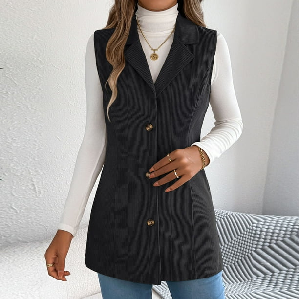 Chaquetas y abrigos casuales sin mangas y sin capucha para mujer, de color liso, informales, para otoño/invierno, con botones y cuello vuelto, chaquetas, camisa de poliéster para mujer
