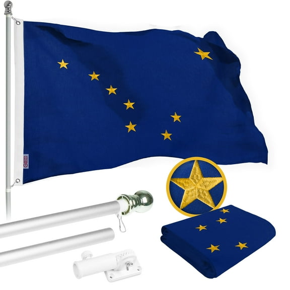 G128 Combo Pack: 6 Ft Tangle Free Spinning Flagpole (Silver) & Alaska Flag 3x5 Ft Embroidered 220GSM Spun Polyester, Brass Grommets (Flag Included) Aluminum Flag Pole