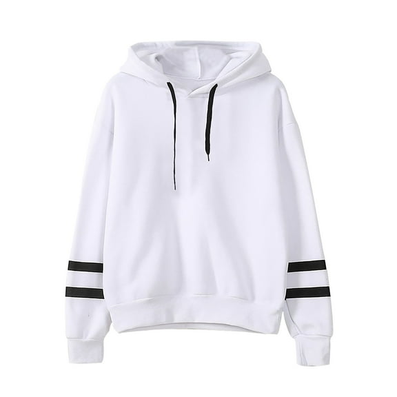 Womens Hooded Pullover Casual Loose Fit Comfy Slim-fit Double Horizontal Sweater Coat White XL