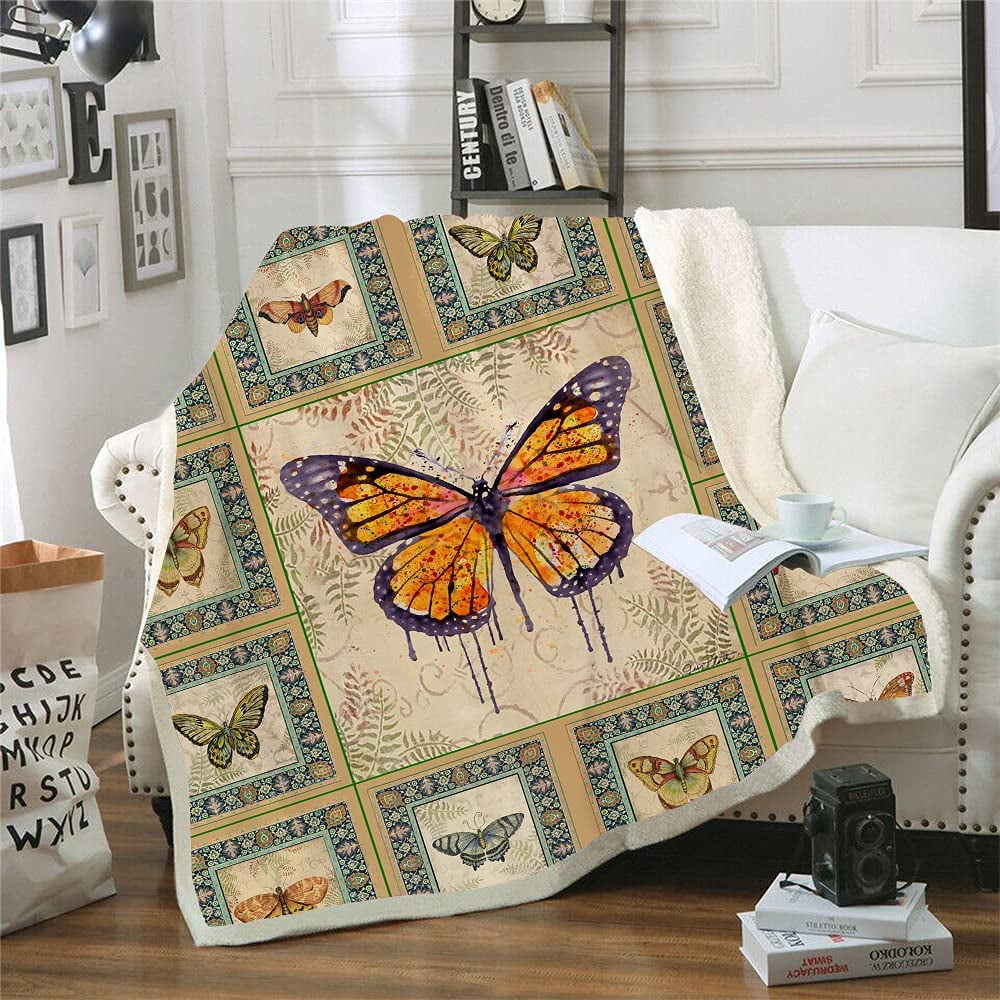 Butterfly Blanket Microfiber Plush Sherpa Blanket Warm Throw Blankets for Adults Women Ultra Soft Fuzzy Fluffy Thick Butterfly Printed Blankets for