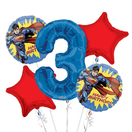 Superman Balloon Bouquet 3rd Birthday 5 pcs - Party Supplies, 1 Giant Number 3 Balloon, 34in By Viva