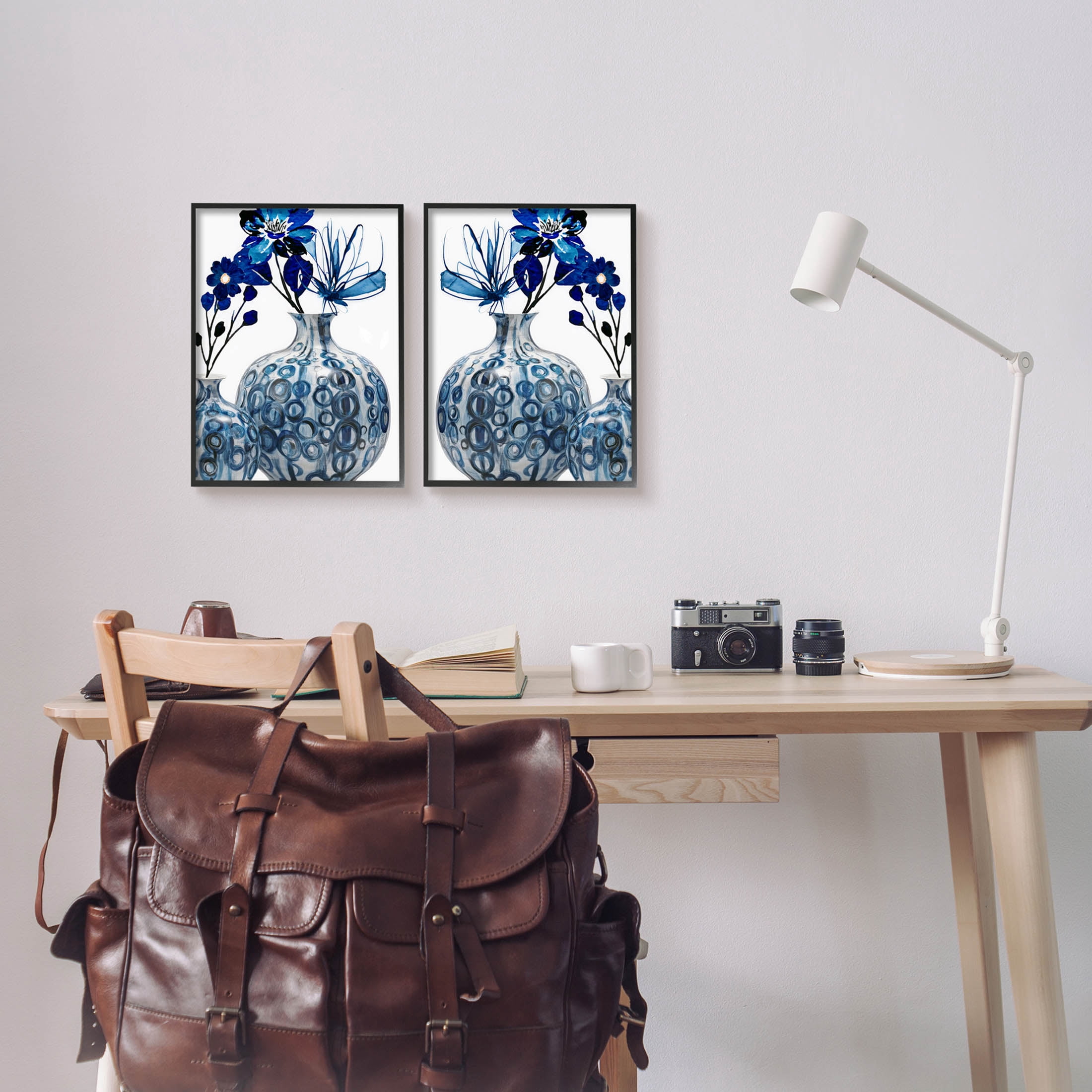 Bold Blue Ikebana Patterned Vase Botanical & Floral Graphic Art Black Framed Art Print Wall Art, Set of 2