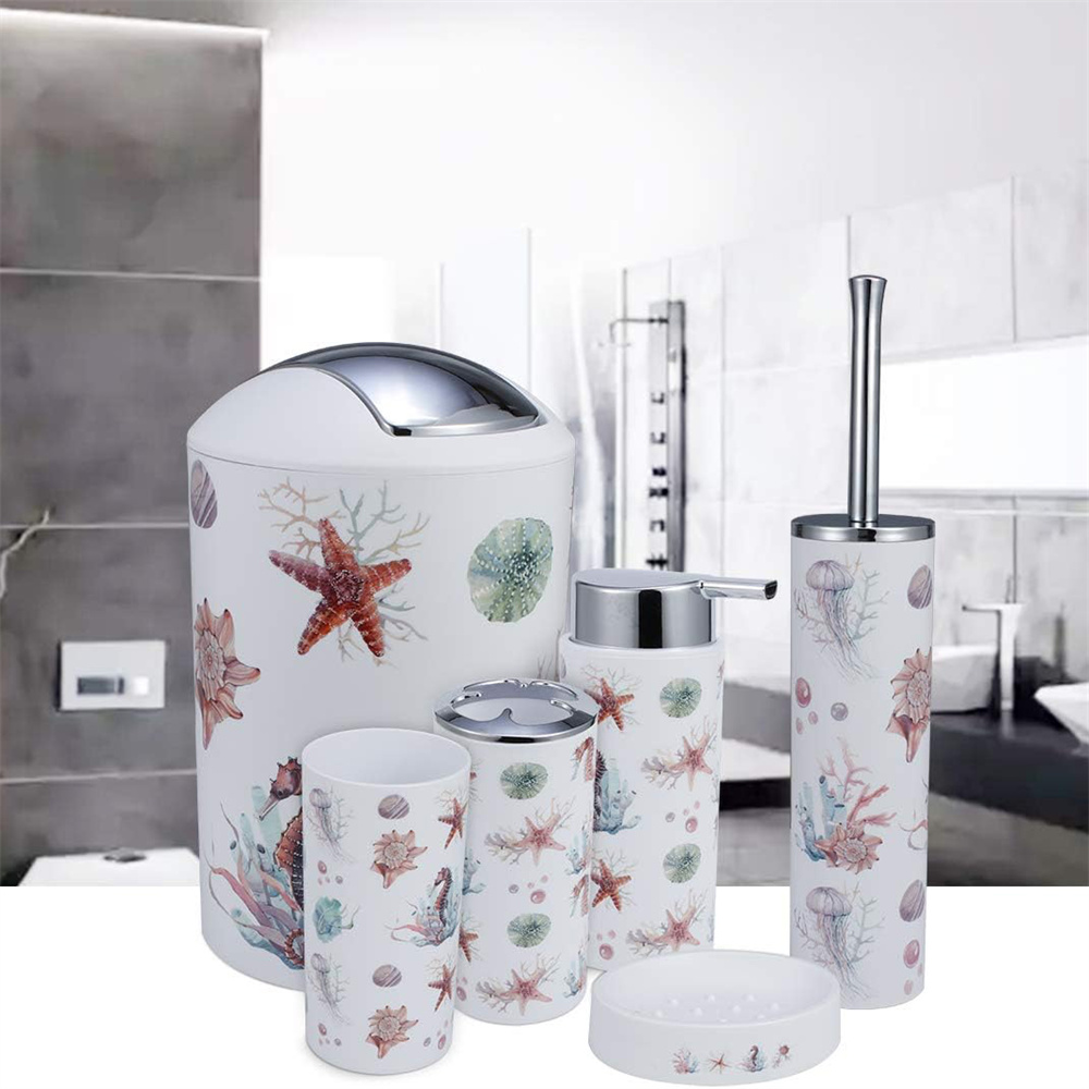 8-Piece Sea Elements Printed Bathroom Accessories Set - With Trash Can, Toilet Brush, Toothbrush Holder, Lotion Soap Dispenser, Soap Dish, Toothbrush Cup, Cotton Swab Holder