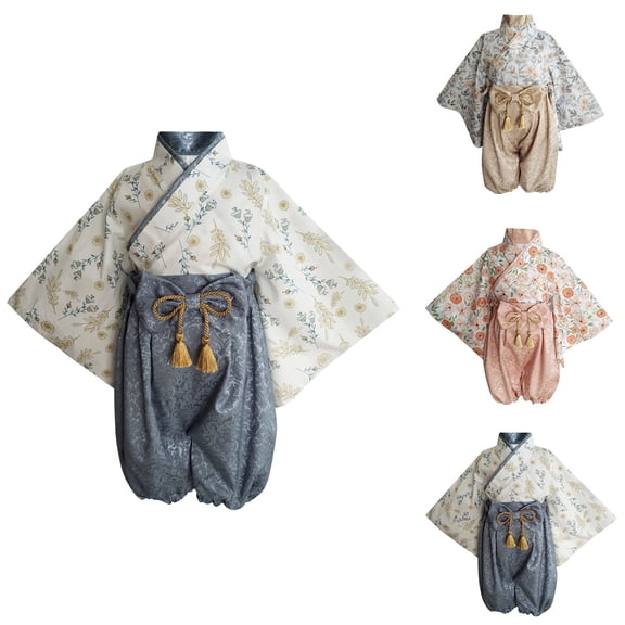 RTKFRFLM Baby 2-Piece Kimono Set Japanese Style Jacquard Fabric Romper with Tassel and Bowknot Detail Soft Breathable Traditional Clothes for Toddler Girls Ages 1-2Y