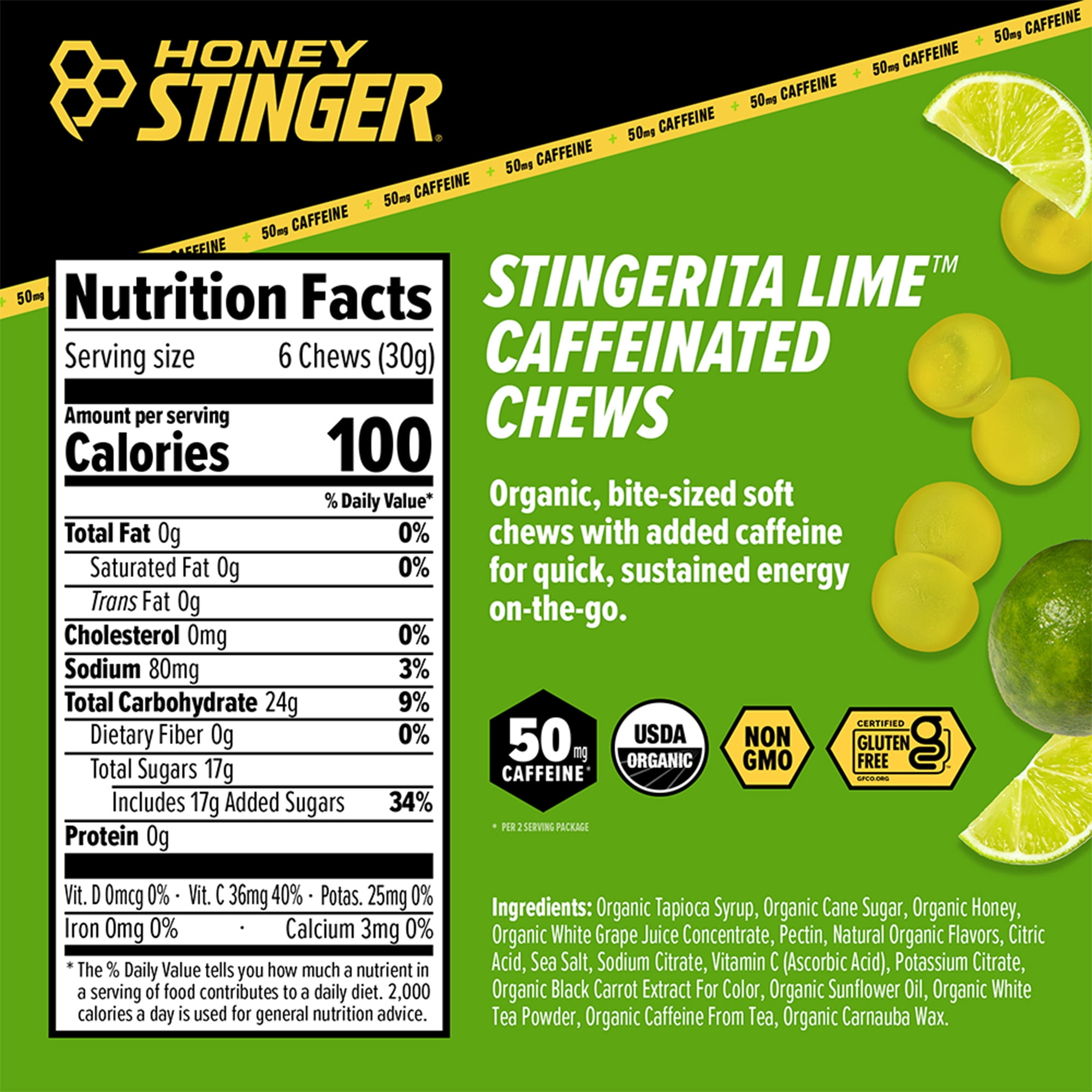 Honey Stinger Organic Gluten-Free Caffeinated Energy Chews, Stingerita Lime, 1.8 oz, 12 Count Box