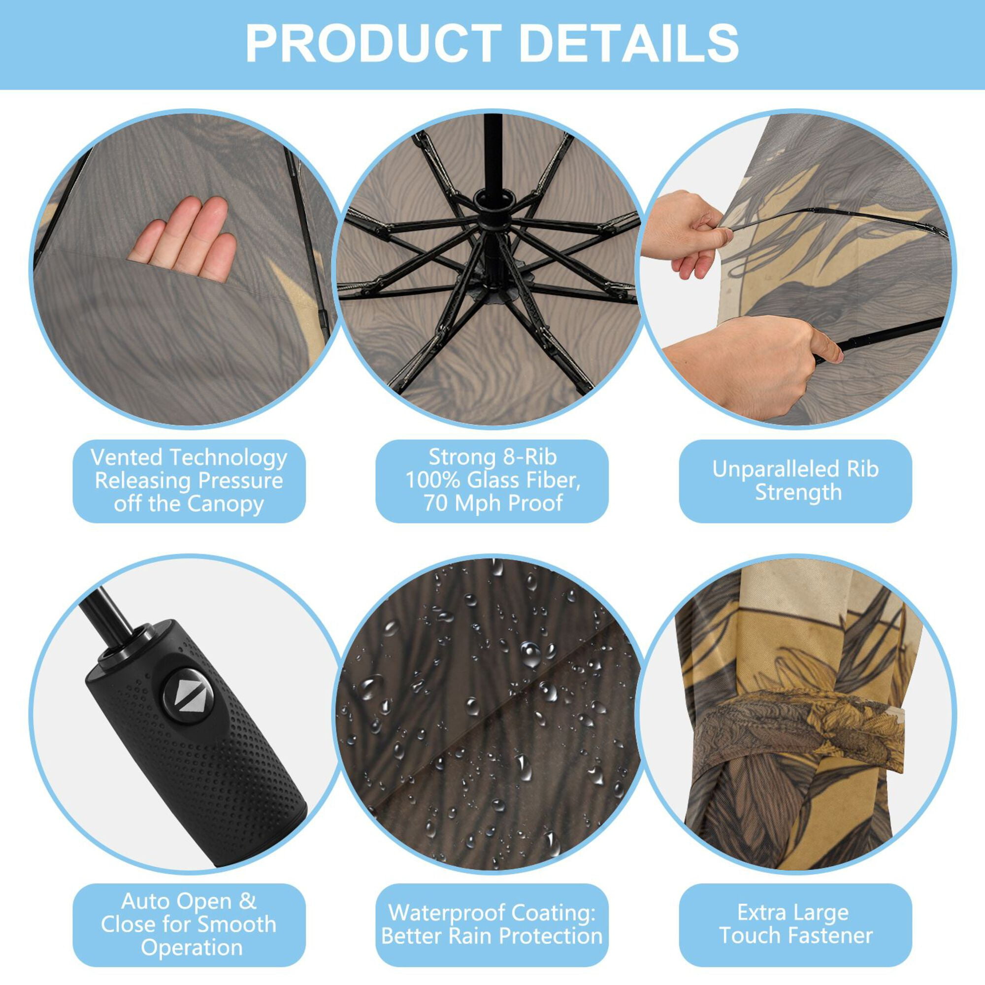 21" Inch Auto Open Close Folding Umbrella Windproof Waterproof Full Print 8-Rib Compact Travel Umbrella for Rainy Days Brown Horse with Sunflower