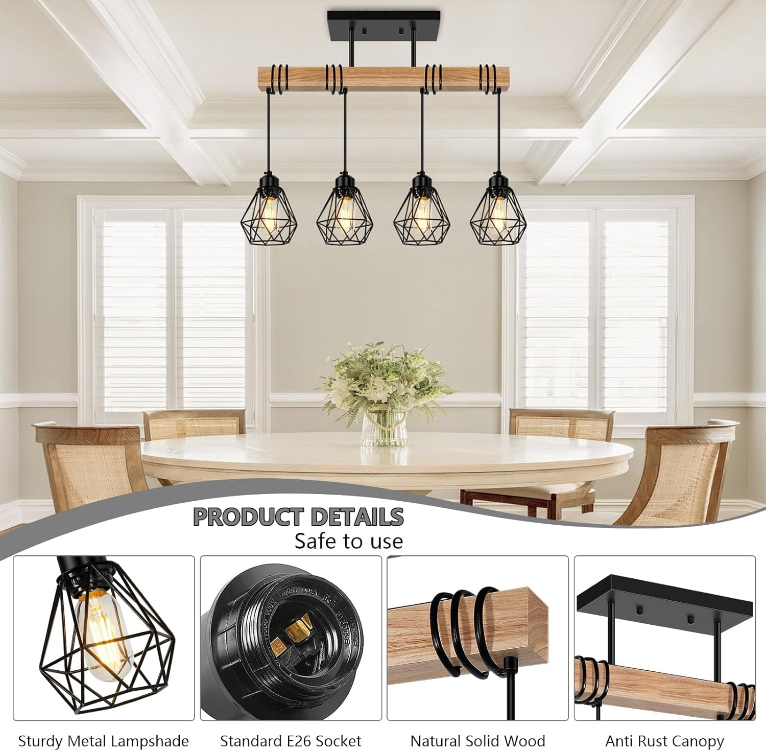 4-Lights Farmhouse Wood Kitchen Island Lighting Dining Room Light Fixtures Chandelier over Table Rustic Black Cage Pendant Lights Ceiling Hanging for Pool Table, Living Room, Hallway