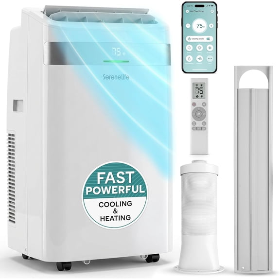 SereneLife 12,000 BTU Portable Air Conditioner & Heater with Wi-Fi – Cooling, Heating, Fan & Dehumidifier Modes, Adjustable Temperature, Window Kit Included (White)