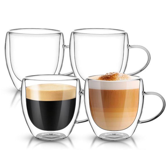 Dyserbuy 4 Pack Tasses à Cappuccino en Verre, Tasses à Café en Verre à Double Paroi Isolée avec Poignée, Verres à Boire, Parfait pour Cappuccino, Latte, Esp