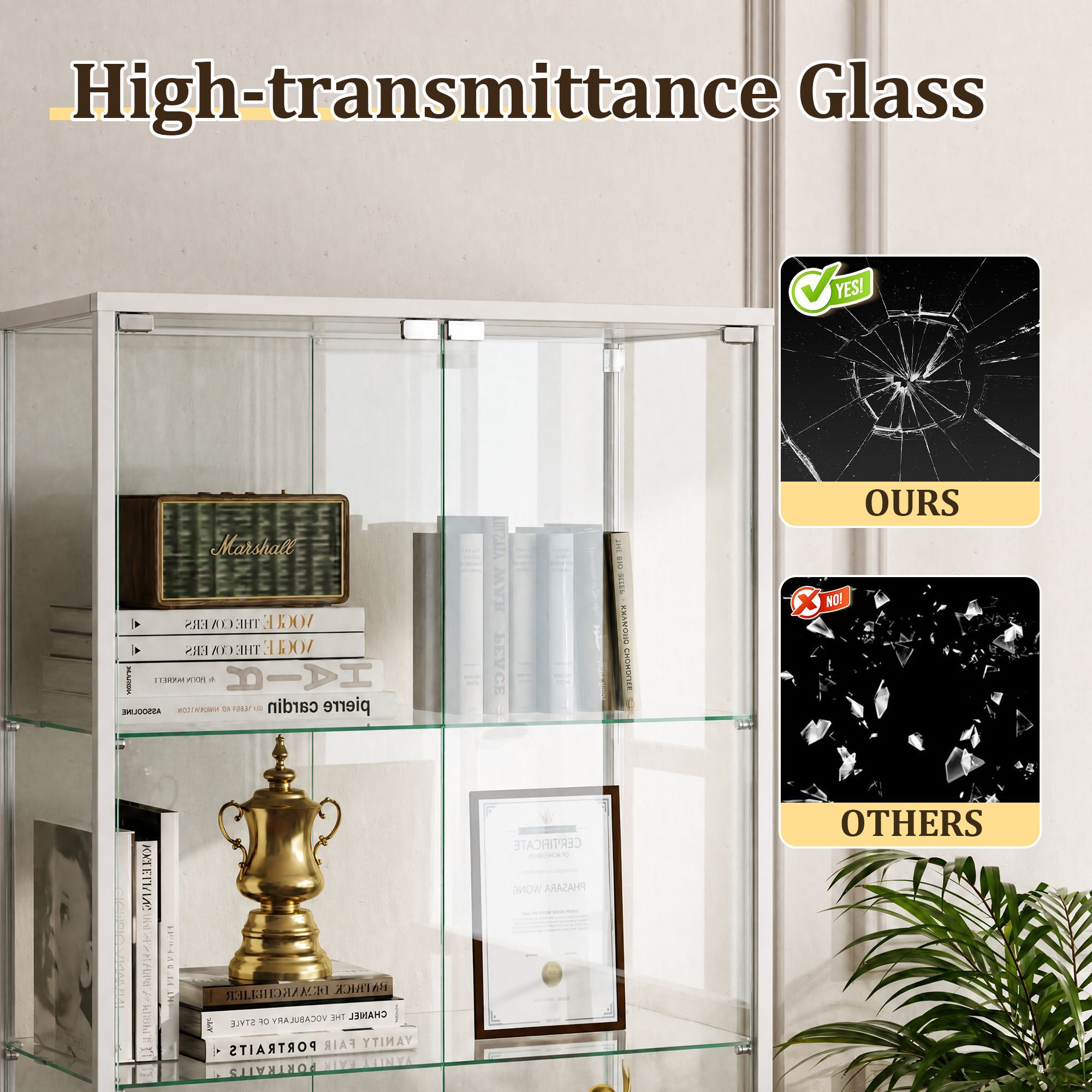 Clarvion 66" Display Cabinet with Glass Door, 4-Tier Tempered Glass Curio Cabinet, Double Door Display Case for Collectibles, White