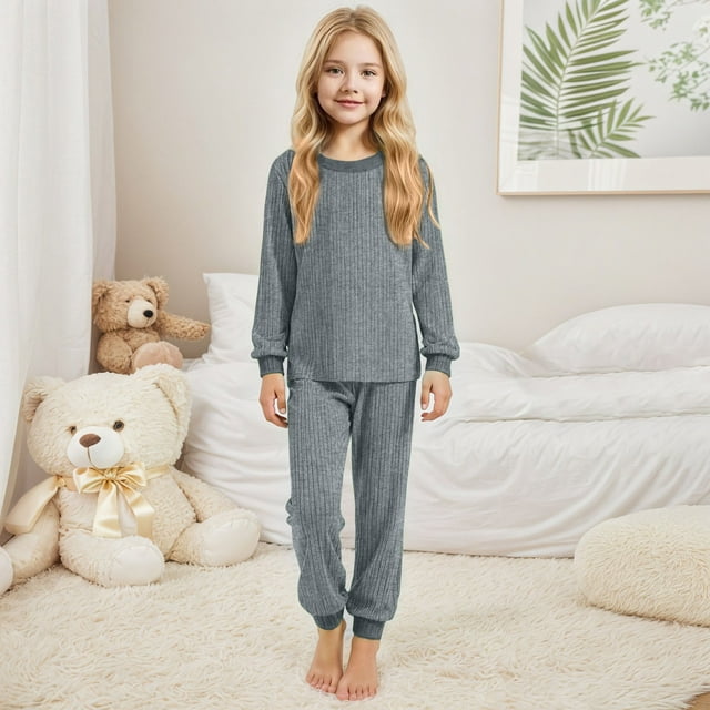 WENXIAOO Ensemble de Pyjama pour Enfants 2 Pcs Haut à Manches Longues avec Pantalon Tenue d'Intérieur Classique Pyjama Fille 6-7 Ans