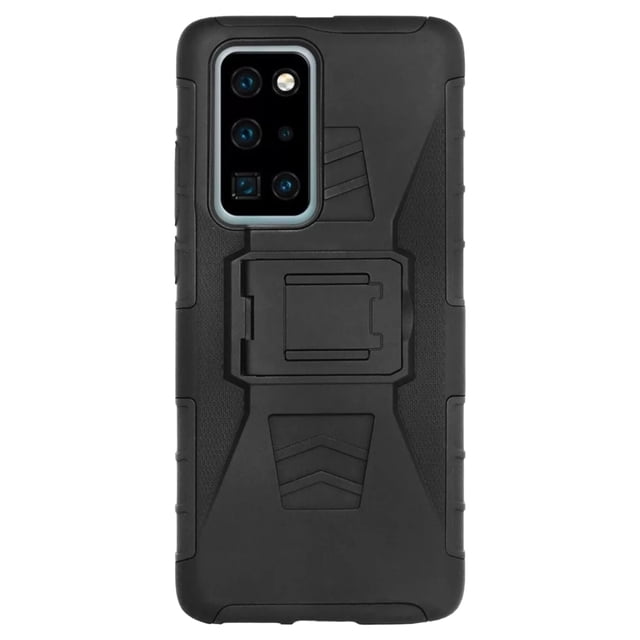 funda uso rudo clip 360 para huawei mate p40 pro funda negra con parachoques de TPU y respaldo acrílico; vista trasera centrada con recorte rectangular para cámara, clip giratorio 360° en el centro y paneles texturizados antideslizantes. Diseñada para protección contra caídas y fácil de guardar en bolsillo; a menudo usada también para sujetar temporalmente el teléfono al cinturón.
