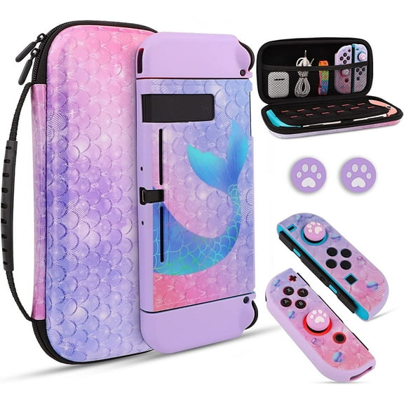 TCJJ Purple Mermaid Nintendo Switch Case, Soft TPU Protective Case Cover with Portable Travel Case Compatible with Nintendo Switch for Girls