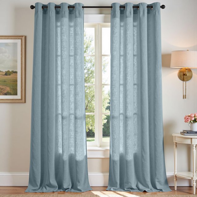 Cortinas Jinchan de lino azul semitransparente, 240 x 245 cm, 2 paneles