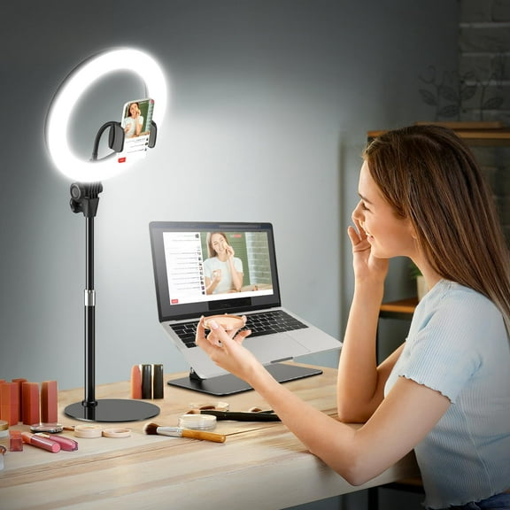 10'' Desk Ring Light with Stand – Zoom Lighting with Phone Holder for Computer・Video Calls・Conference – CRI95 LED Adjustable Circle Light, 10'' Large Lamp Head, Content Creator Friendly