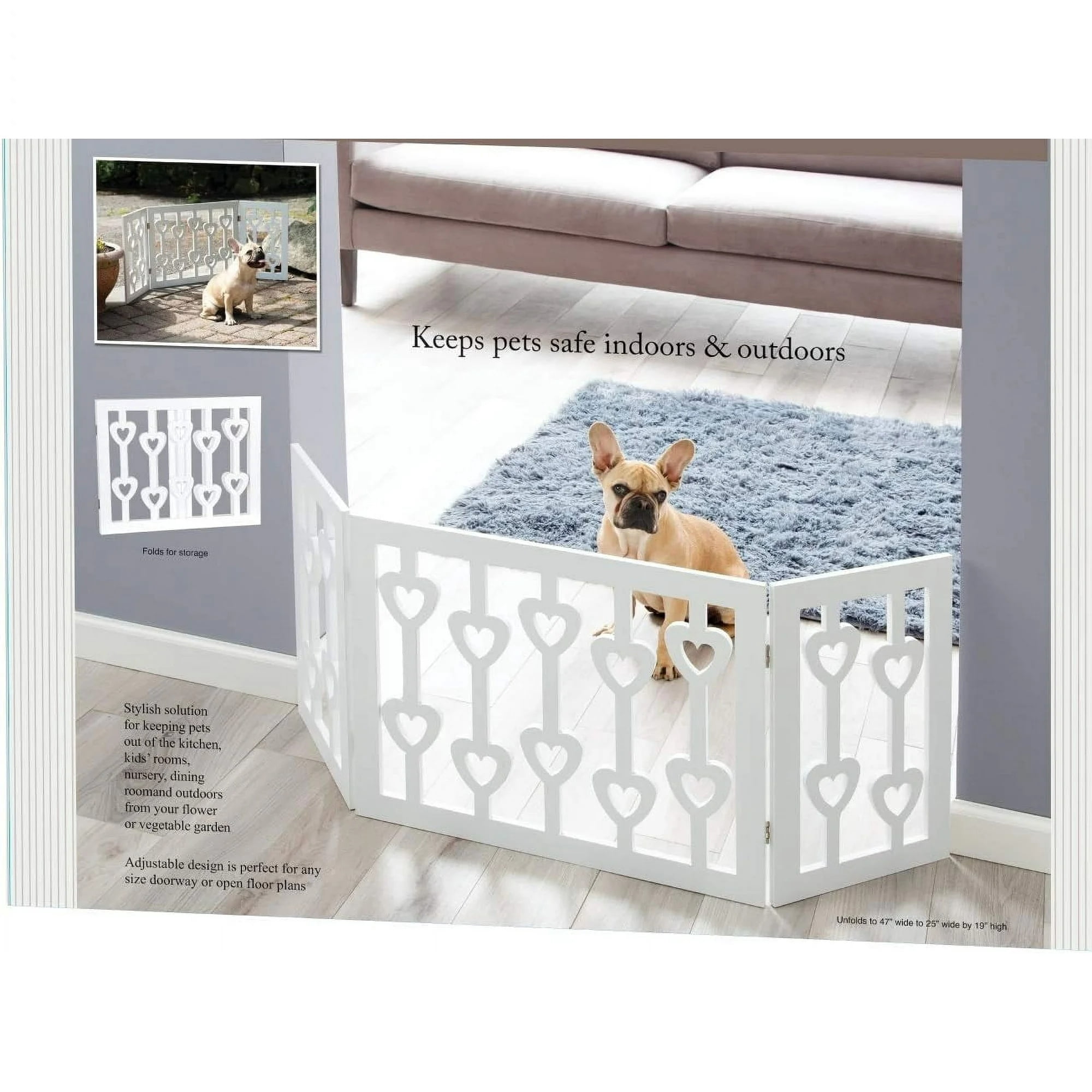 White Pet Gate - 3 Panel Wooden Hearts Design Dog Gate - Freestanding Tri Fold Durable Wood Dog Fence - Indoor/Outdoor Barrier for Stairs & Doorways