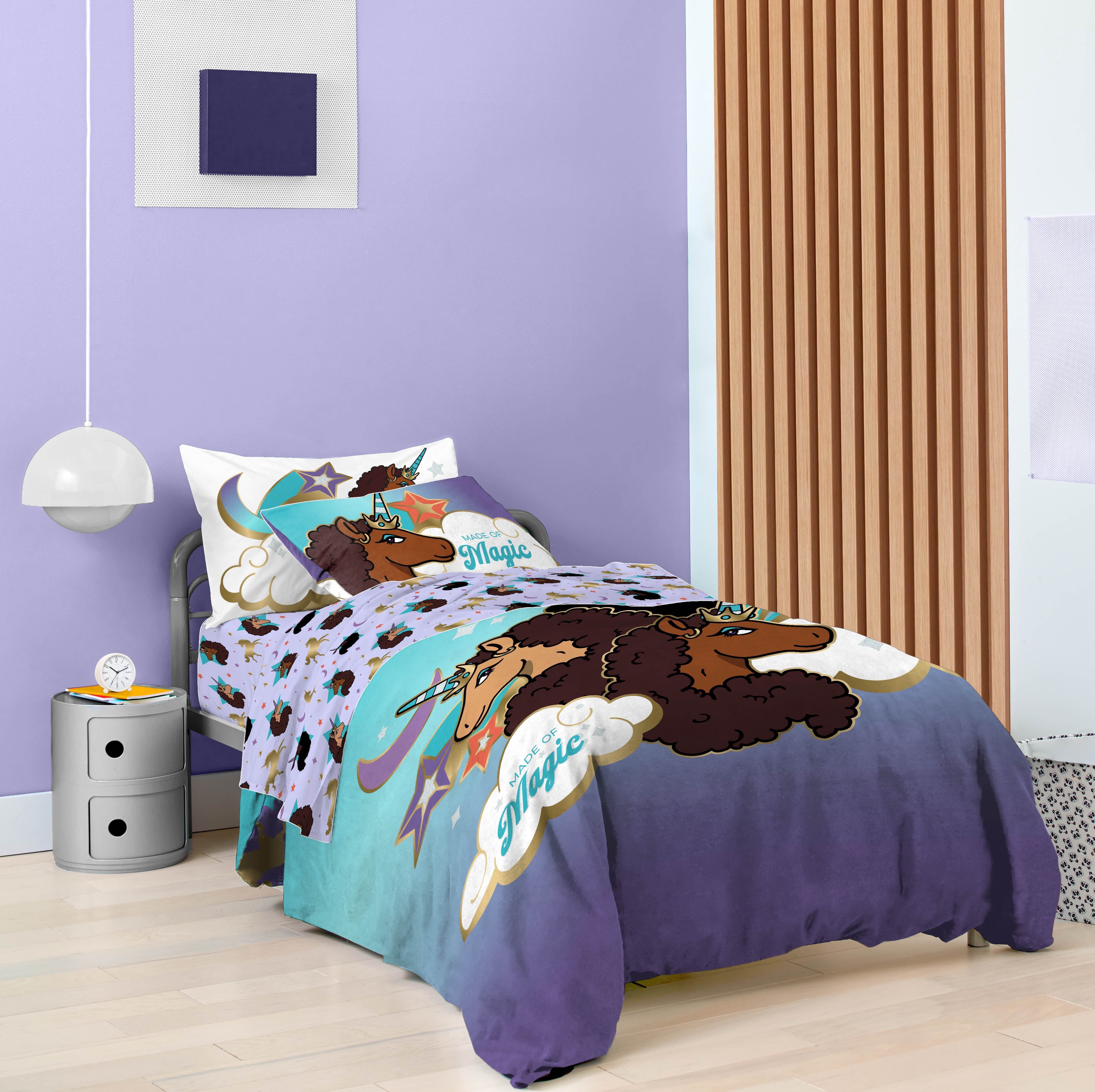 Afro Unicorn Blue 5 Piece Twin Bed Set w/ Sham, 100% Microfiber
