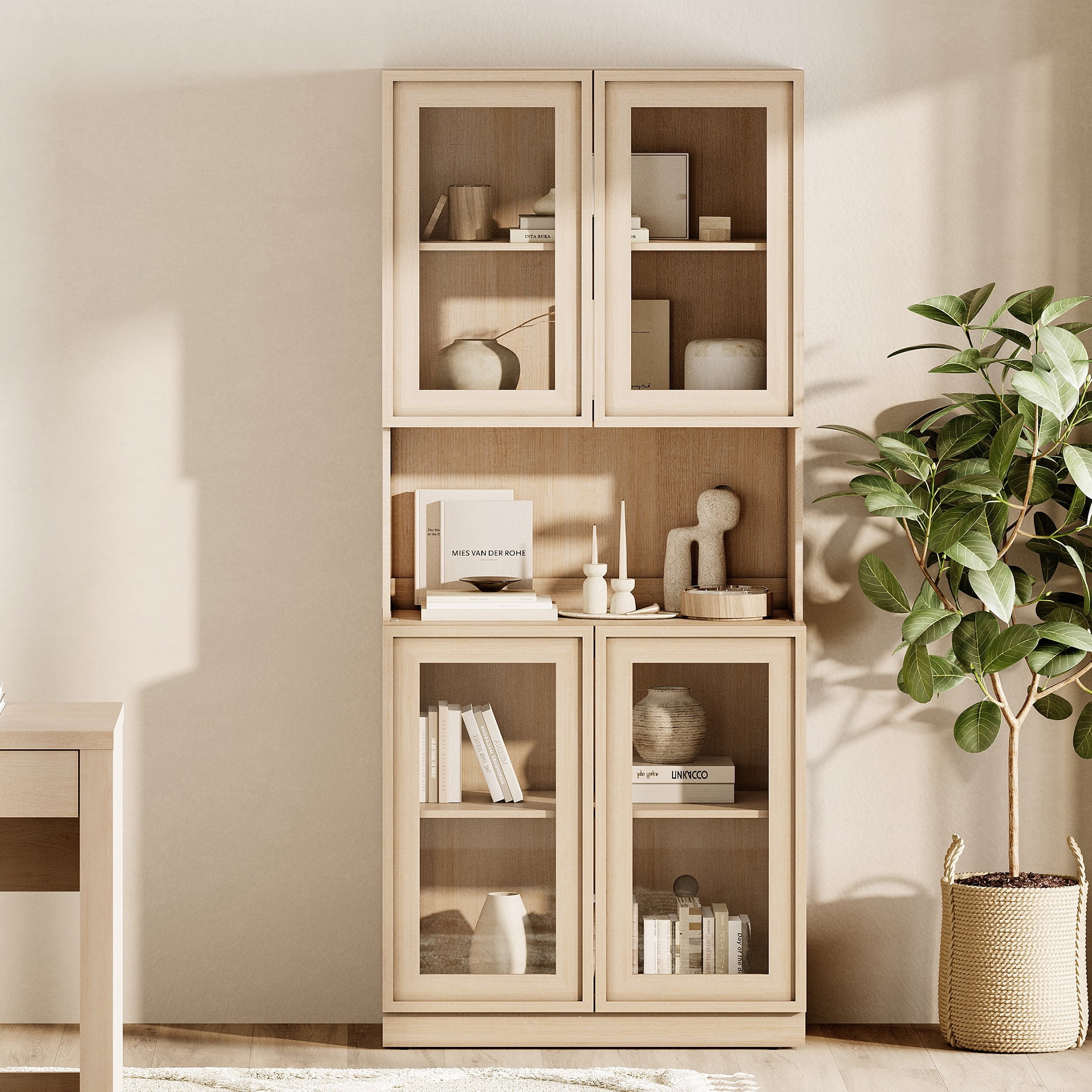 Modern 72" Tall Bookshelf with Glass Doors & Adjustable Shelves, Library Bookcase with Cabinet and Glass Display Shelves,Beige