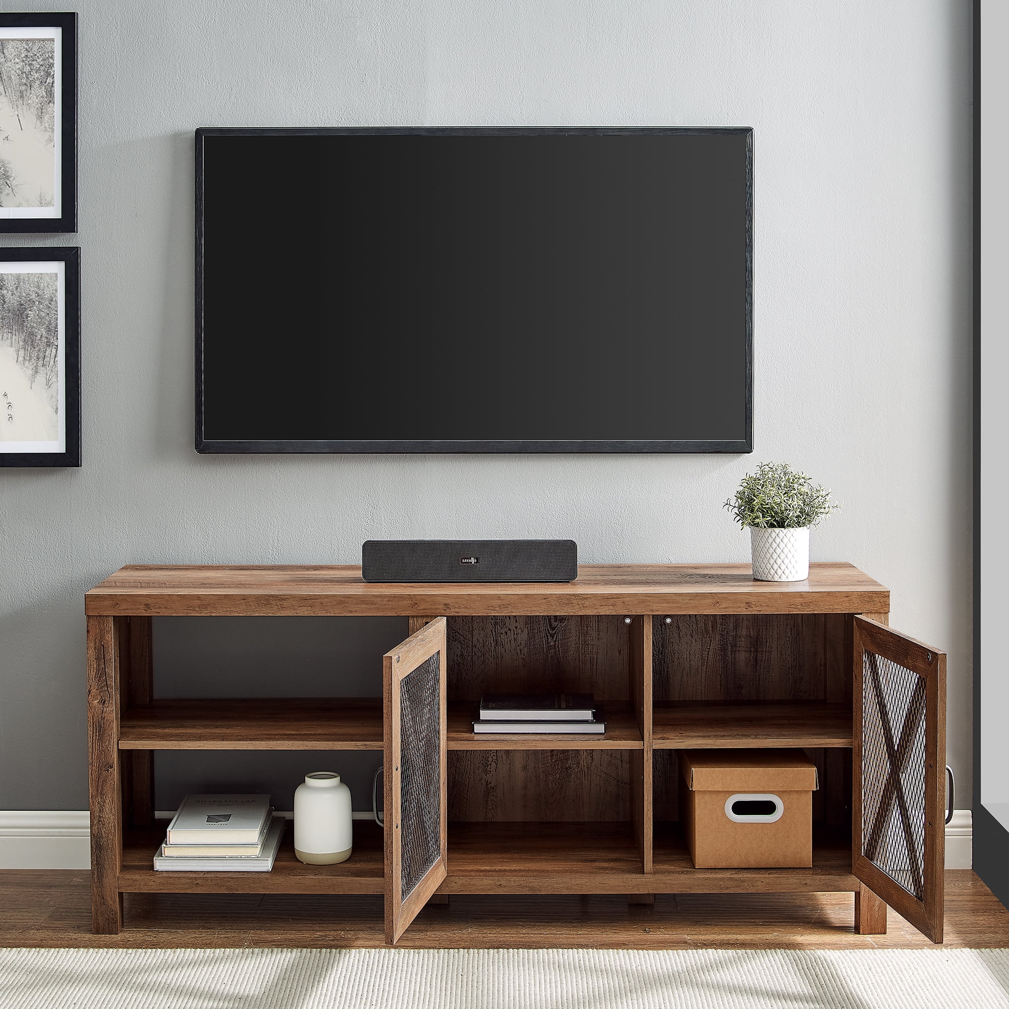 Farmhouse Metal Mesh Door TV Stand for TVs up to 65", Reclaimed Barnwood