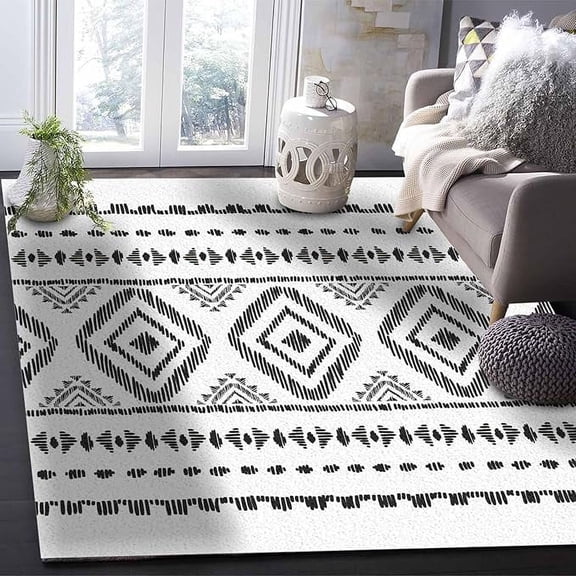 3 x 5ft Black White Boho Area Rug, Modern Outdoor Living Room Bedroom Area Rug Carpet, Kitchen Rug Bath Mat Front Porch Floor Doormat Runner Rugs, Geometric Stripes Striped