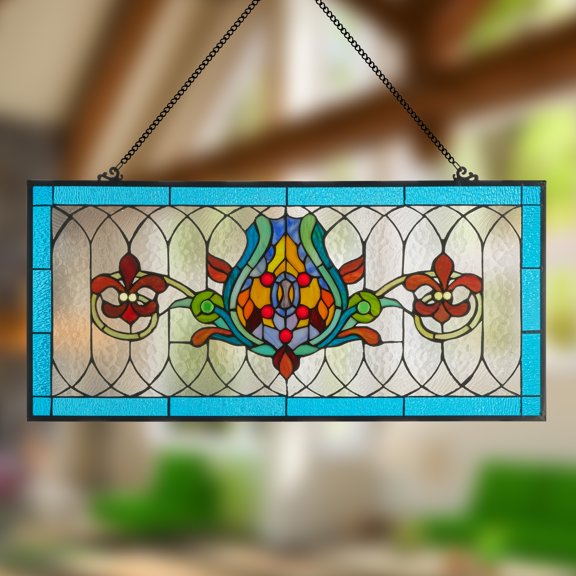 River of Goods Fleur De Lis Stained Glass Pub Window Panel - 30"L x 0.25"W x 14"H Blue