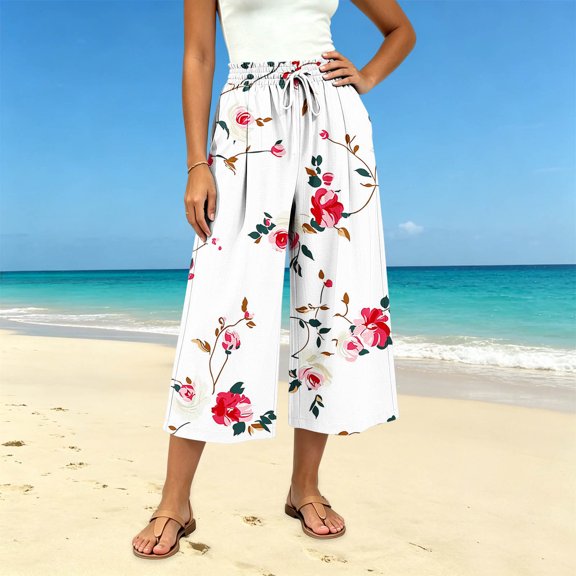 Atogsazn Womens Summer Floral Print Capris Casual Wide Leg Elastic Waist Cropped Pants Drawstring with Pocket Beach White S Fashion