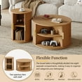 thumbnail image 3 of Mid-Century Coffee Table Set with Sliding Tambour Door, Round Fluted End Table & Storage Shelf, Golden Handle Tall and Low Side Tables with Wooden Finish for Living Room, Set of 2, Natural, 3 of 8
