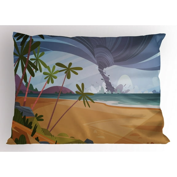 Tornado Pillow Sham, Hurricane in Ocean Beach Cartoon Tropical Island with Exotic Palm Trees Landscape, Decorative Standard Queen Size Printed Pillowcase, 30 X 20 Inches, Multicolor, by Ambesonne
