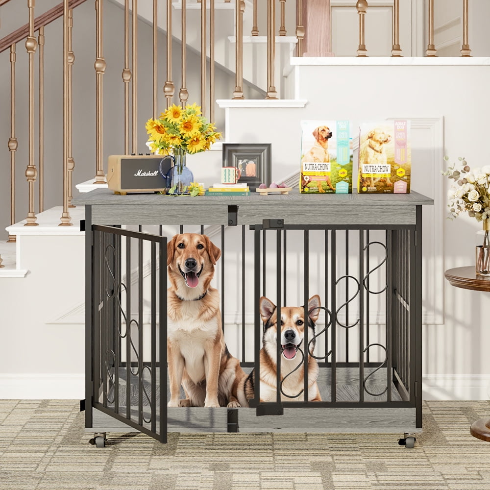 48" Heavy Duty Dog Crate Furniture, Double Door Dog Kennel with 360° Wheels, Decorative Indoor Pet House Table for XL Dogs, Gray