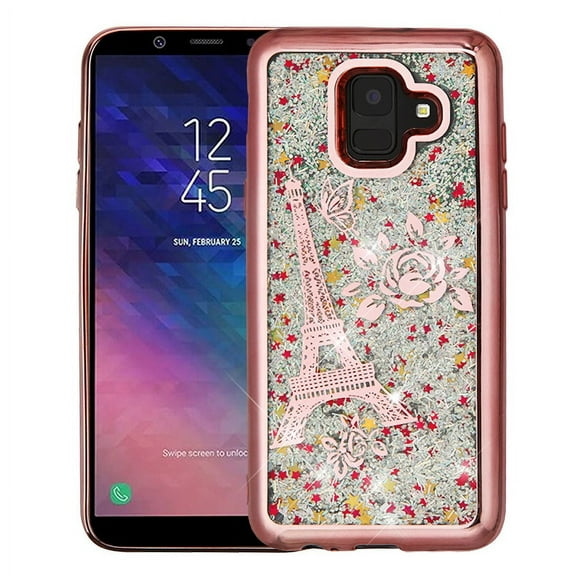 GSA Quicksand Glitter Case For Samsung Galaxy A6, A600 - Rose Gold Electroplating Eiffel Tower Silver Confetti