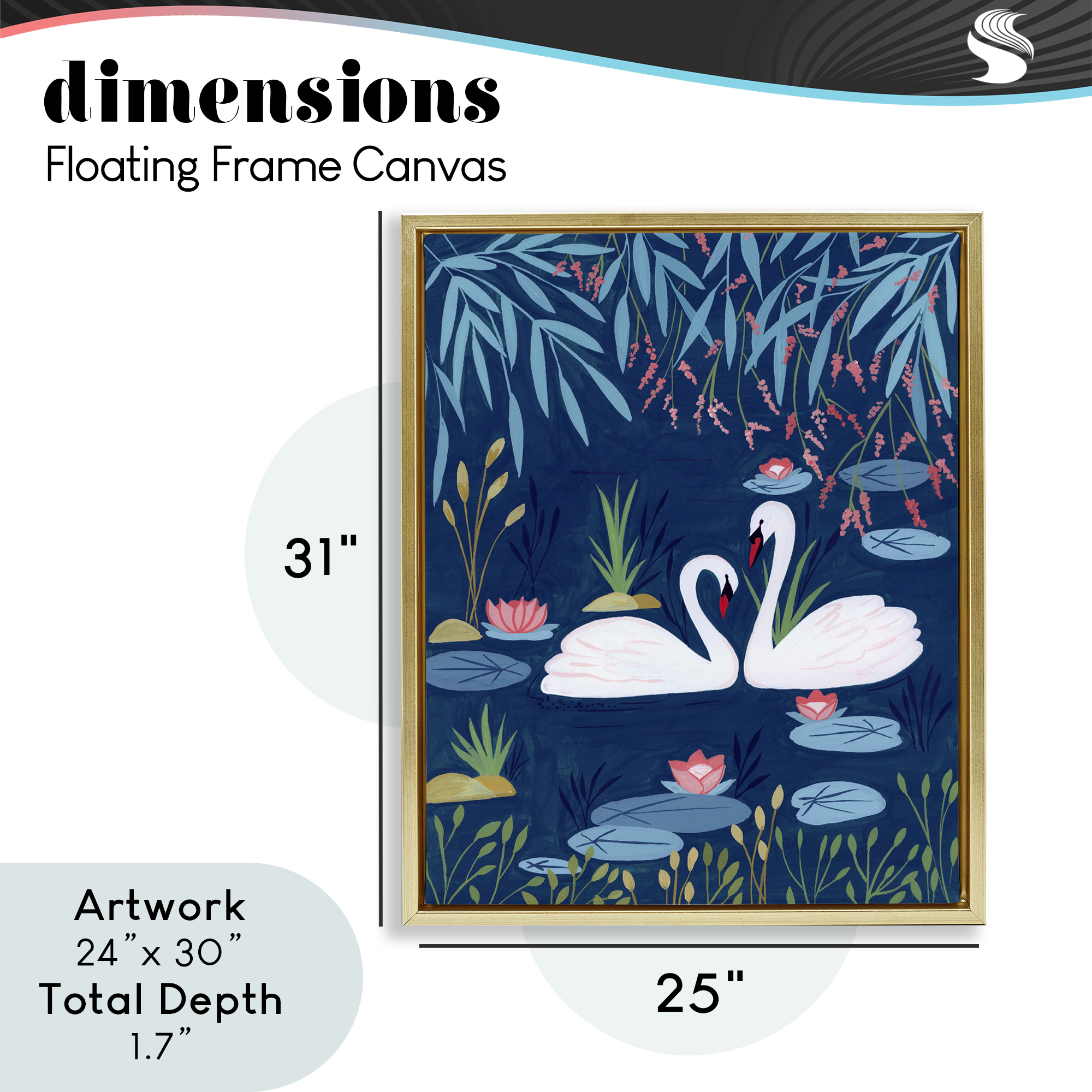 Swan Pair on Blue Pond Gold Framed Floater Canvas Wall Art, design by Nabeela Rumi