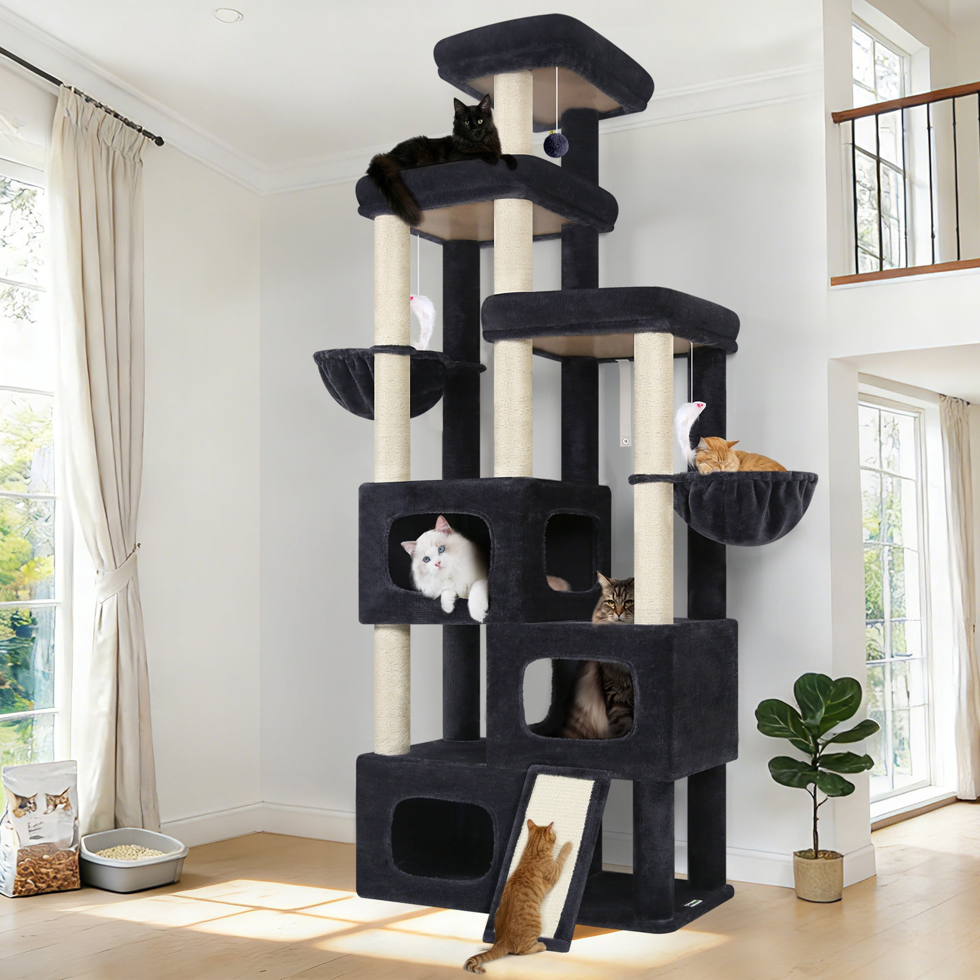 Globlazer Big Cat Tree Tower,85in Multi-Level Tall Cat Tree Tower Indoor for Multiple Adult Cats with Scratching Post, 3 Perches, 3 Condos, 2 Hanging Basket, S85,Dark Gray