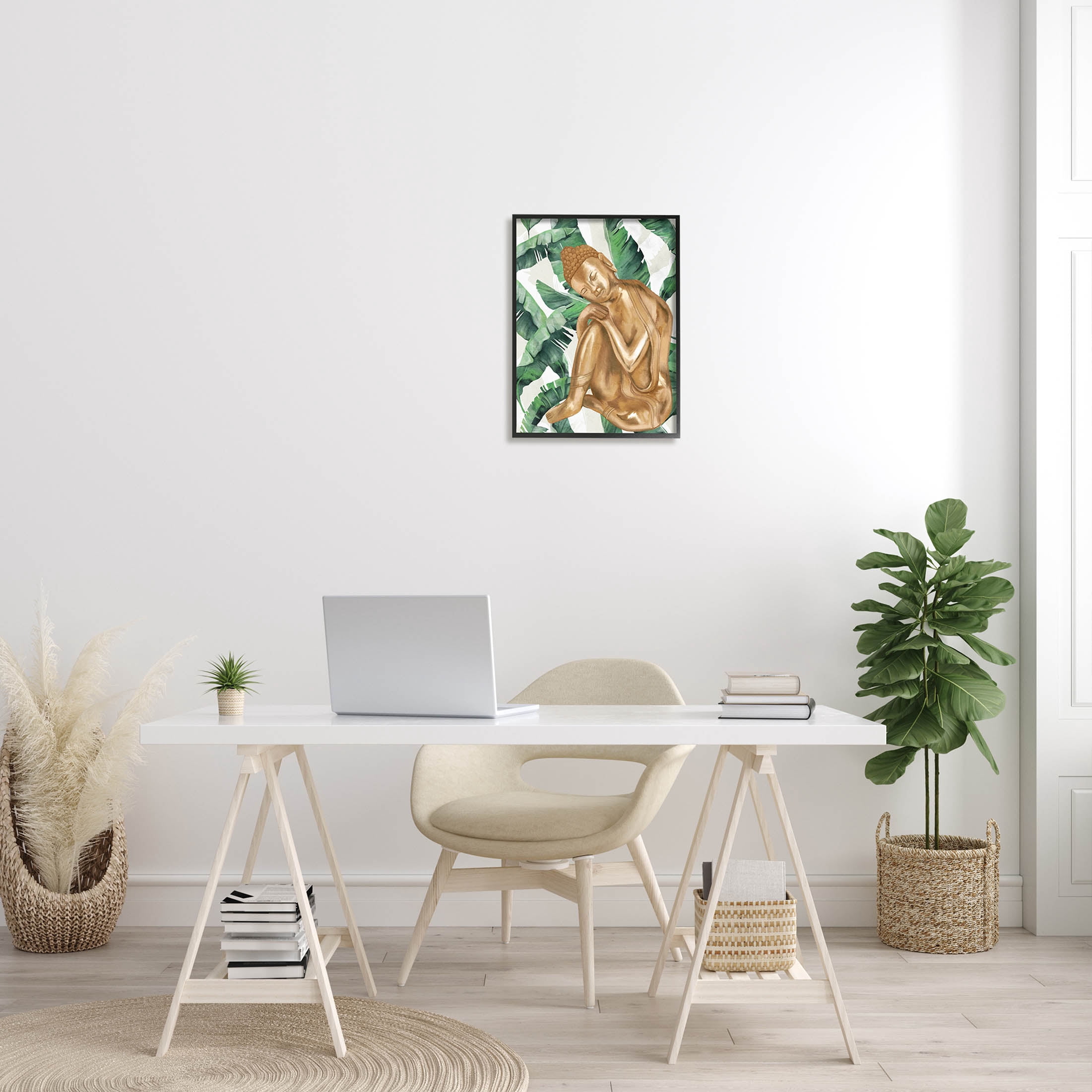 Stupell Industries Tropical Leaves Pattern Buddha Graphic Art Black Framed Art Print Wall Art, Design by Lil' Rue