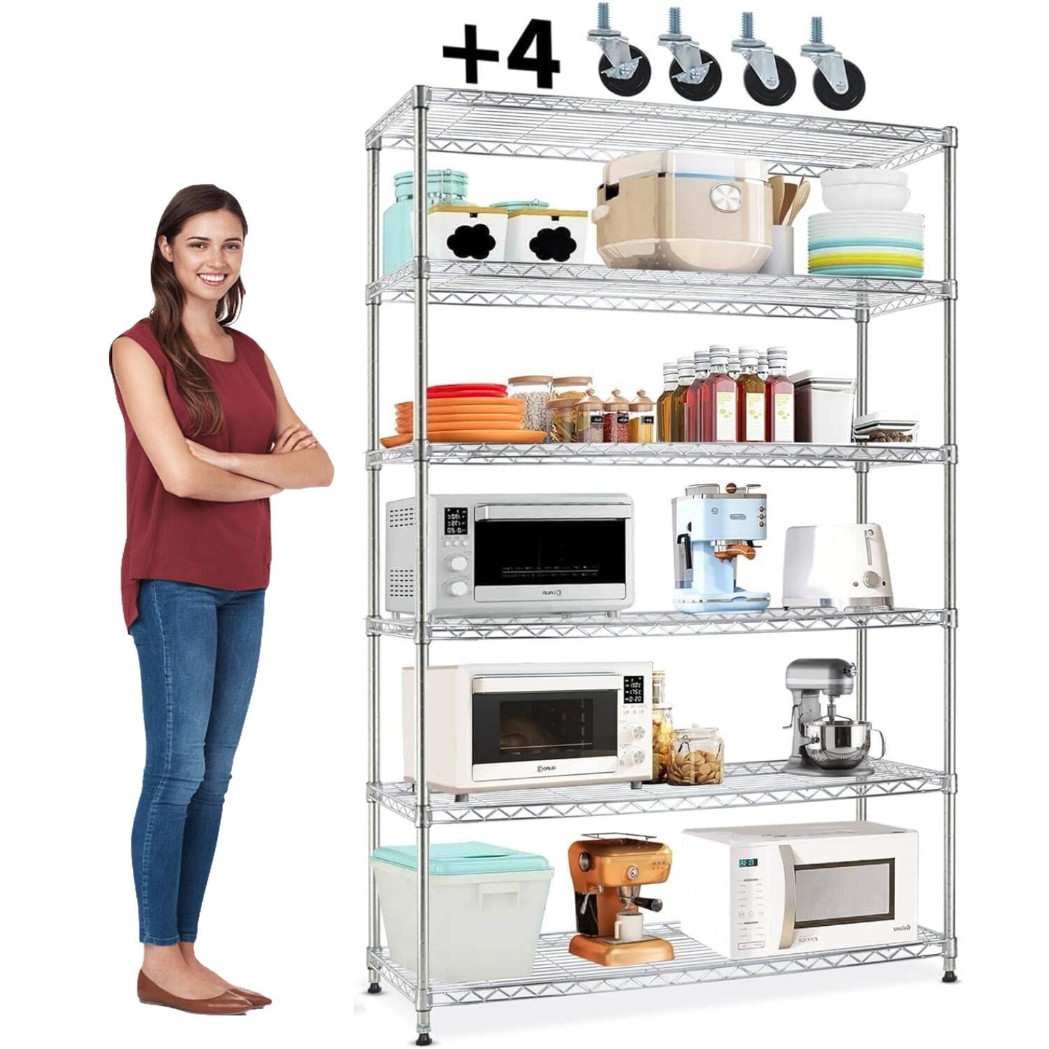 6 Tier Wire Shelving Storage Shelf Shelves Unit, Capacity 2100lbs Adjustable Rolling Metal Racks with Wheels, Metro Heavy Duty for Garage, 45" D x 18" W x 82" H, Chrome