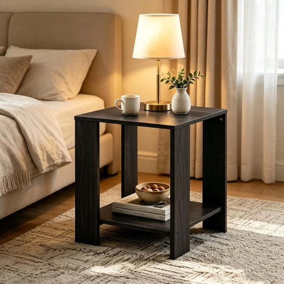 2-Tier Side Table with Open Storage Shelf, Wood Grain End Table for Living Room and Bedroom, Compact Nightstand for Small Spaces, Apartment, Dorm, Sofa Table Modern