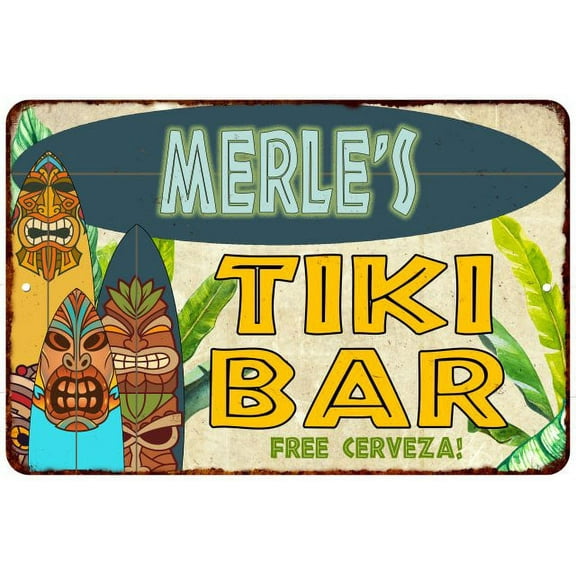 Merle's TIKI BAR Island Sign Metal Wall Decor 8 x 12 High Gloss Metal 208120058344